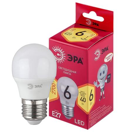 LED P45-6W-827-E27 R ЭРА (диод, шар, 6Вт, тепл, E27) (10/100/4000)