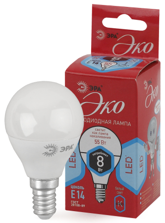 Лампа светодиодная Эра ECO LED P45-8W-840-E14 (диод, шар, 8Вт, нейтр, E14)