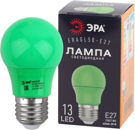 ERAGL50-E27 ЭРА LED A50-3W-E27 ЭРА (диод. груша зел., 13SMD, 3W, E27, для белт-лайт) (10/100/3600)