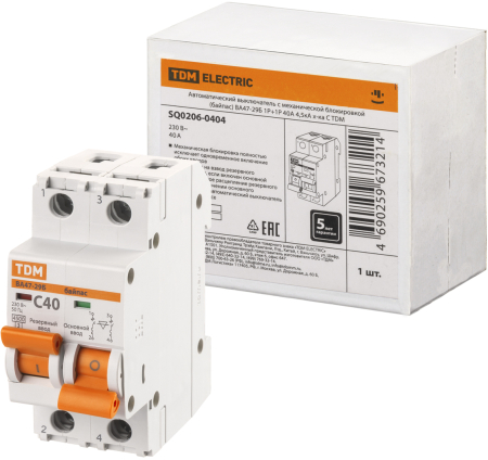 Авт. выкл. с мех. блок. (байпас) ВА47-29Б 1Р+1Р 40А 4,5кА х-ка C TDM