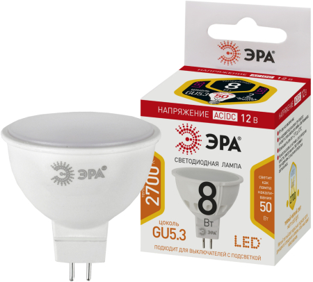 Лампочка светодиодная ЭРА STD LED MR16-8W-12V-827-GU5.3 GU5.3 8 Вт софит теплый белый свет