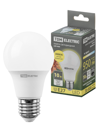 Лампа светодиодная А60 10 Вт, 230 В, 3000 К, E27 TDM