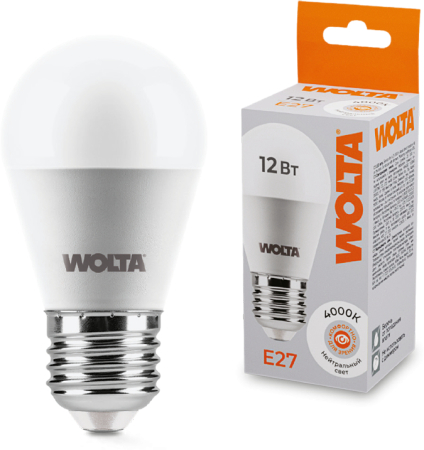 Светодиодная лампа WOLTA 25S45GL12E27 "Шар" G45 12Вт 1050лм 4000К Е27 1/50