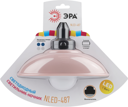 Ночник - светильник светодиодный ЭРА NLED-487-1W-SW-P настенный на батарейках с выключателем розовый