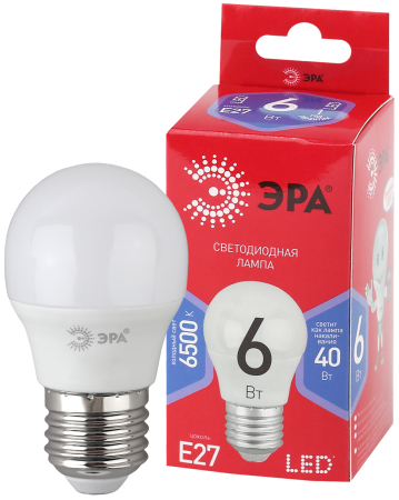LED P45-6W-865-E27 R ЭРА (диод, шар, 6Вт, хол, E27) (10/100/3600)