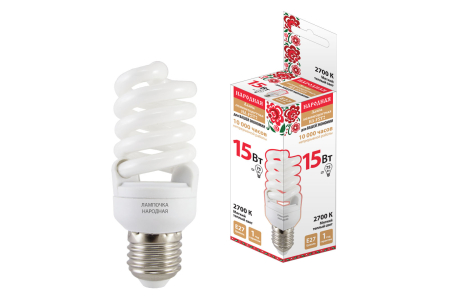 Лампа люминесцентная НЛ-FSТ2-15 Вт-2700 К–Е27 (42х103 мм)