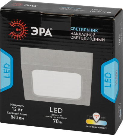 LED 20-12-4K  Светильник светодиодный ЭРА LED 20-12-4K накладной квадратный 12Вт 4000К