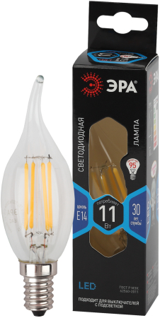 F-LED BXS-11W-840-E14 ЭРА (филамент, свеча на ветру, 11Вт, нетр, E14) (10/100/4000)