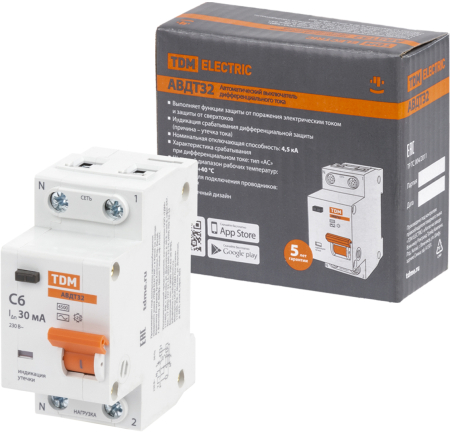 АВДТ 32 2P(1P+N) C6А 30мА 4,5кА тип АС TDM
