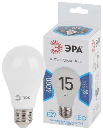 Лампы СВЕТОДИОДНЫЕ СТАНДАРТ LED A60-15W-840-E27  ЭРА (диод, груша, 15Вт, нейтр, E27),