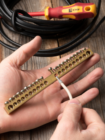 Шина PEN "ноль-земля" (8х12мм) 20 отверстий латунь крепеж по центру EKF PROxima