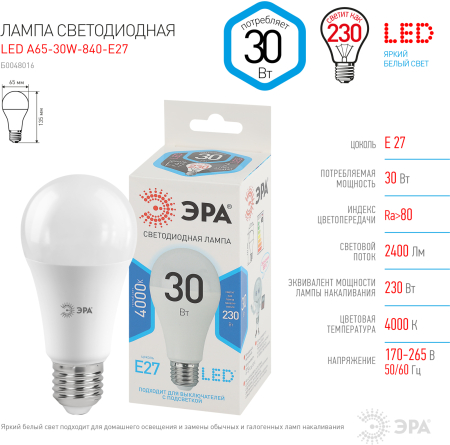 LED A65-30W-840-E27 ЭРА (диод, груша, 30Вт, нейтр, E27) (10/100/1200)