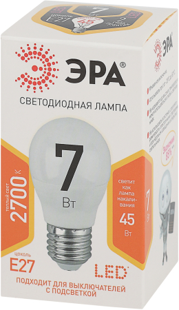 Лампа светодиодная Эра LED P45-7W-827-E27 (диод, шар, 7Вт, тепл, E27)