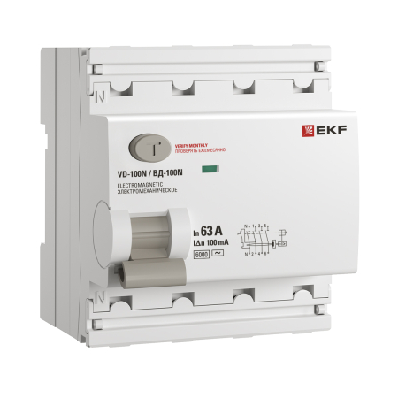 Выключатель дифференциального тока ВД-100N 4P 63А 100мА тип AC эл-мех 6кА PROXIMA EKF