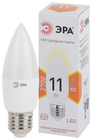 Лампа светодиодная Эра LED B35-11W-827-E27 (диод, свеча, 11Вт, тепл, E27)