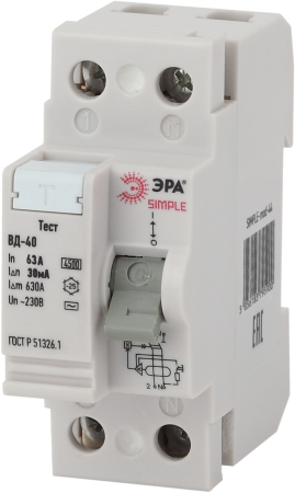 УЗО ВД-40 Электронное 2P 63А 30mA SIMPLE-mod-44 ЭРА SIMPLE