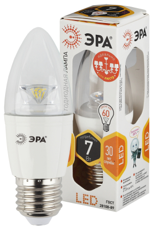 Лампа светодиодная Эра LED B35-7W-827-E27-Clear (диод,свеча,7Вт,тепл, E27)