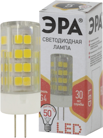 Лампы СВЕТОДИОДНЫЕ СТАНДАРТ LED JC-5W-220V-CER-827-G4  ЭРА (диод, капсула, 5Вт, тепл, G4)