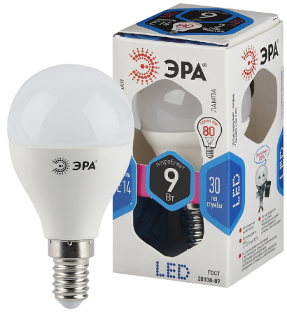 Лампа светодиодная Эра LED P45-9W-840-E14 (диод, шар, 9Вт, нейтр, E14)