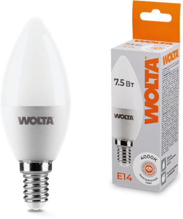 Лампа LED WOLTA C37 7.5Вт 625лм Е14 4000К   1/50