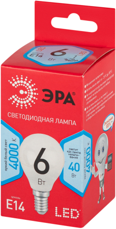 LED P45-6W-840-E14 R  Лампочка светодиодная ЭРА RED LINE LED P45-6W-840-E14 R E14 / Е14 6Вт шар нейтральный белый свет