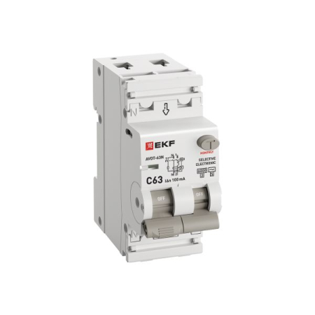 Автоматический выключатель дифференциального тока селективный АВДТ-63N (S) 1P+N 63А 100мА характеристика C тип AC электронный 6кА PROXIMA EKF