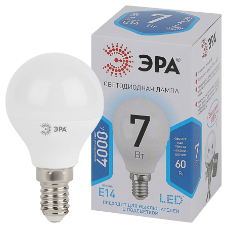 Лампа светодиодная Эра LED P45-7W-840-E14 (диод, шар, 7Вт, нейтр, E14)