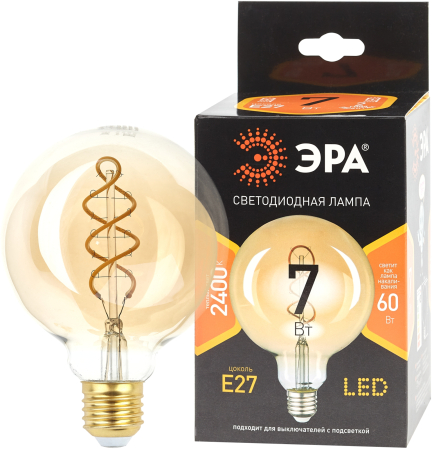F-LED G95-7W-824-E27 spiral gold  Лампочка светодиодная ЭРА F-LED G95-7W-824-E27 spiral gold E27 / Е27 7Вт филамент шар золотистый теплый белый свет