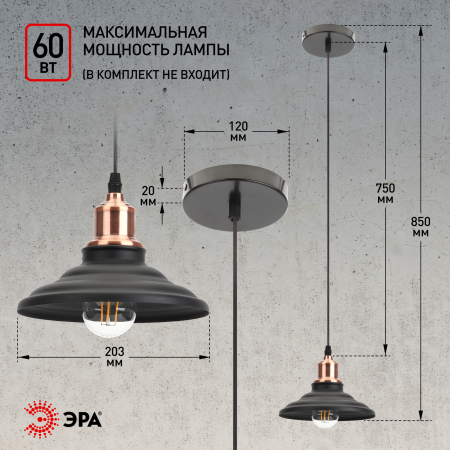 Подвес PL4 BK/RC  ЭРА металл, E27, max 40W, d203 мм, шагрень черный/медь