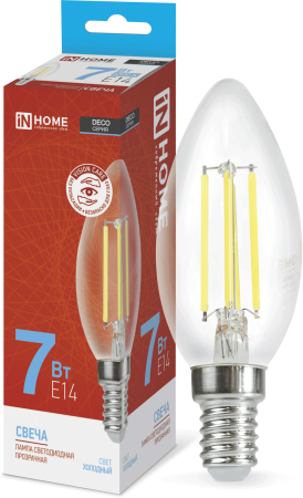 Лампа светодиодная LED-СВЕЧА-deco 7Вт 230В Е14 6500К 630Лм прозрачная IN HOME