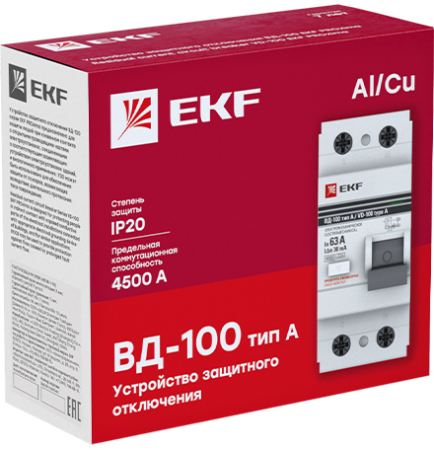 Устройство Защитного Отключения ВД-100 2P 63А/ 30мА (электр, тип А) EKF PROxima