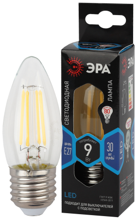 F-LED B35-9w-840-E27 ЭРА (филамент, свеча, 9Вт, нейтр, E27) (10/100/5000)