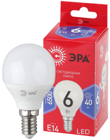 LED P45-6W-865-E14 R ЭРА (диод, шар, 6Вт, хол, E14) (10/100/3600)