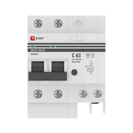 Дифференциальный автомат АД-2 S 63А/100мА (хар. C, AC, электронный, защита 270В) 4,5кА EKF PROxima