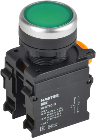 Кнопка d=22мм 1NO+1NC зелёная MASTER IEK