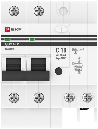 Дифференциальный автомат АД-2 10А/ 30мА (хар. C, AC, электронный, защита 270В) 6кА EKF PROxima