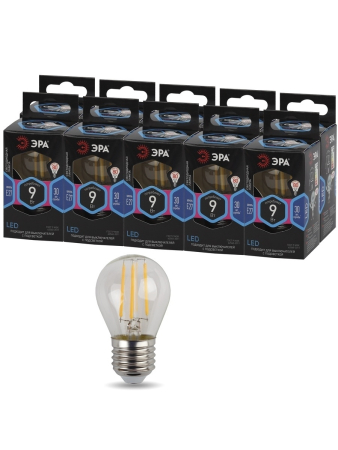 F-LED P45-9w-840-E27 ЭРА (филамент, шар, 9Вт, нейтр, E27) (10/100/4000)