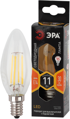 F-LED B35-11w-827-E14 ЭРА (филамент, свеча, 11Вт, тепл, E14) (10/100/5000)