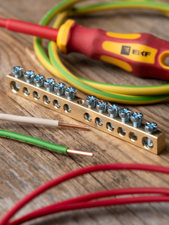 Шина PEN "ноль-земля" (6х9мм) 12 отверстий латунь крепеж по центру EKF PROxima