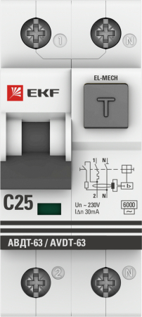 Дифференциальный автомат АВДТ-63 25А/30мА (характеристика C, эл-мех, тип АС) 6кА EKF PROxima