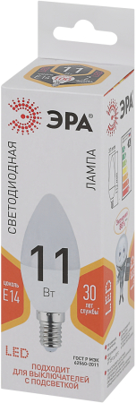 Лампа светодиодная Эра LED B35-11W-827-E14 (диод, свеча, 11Вт, тепл, E14)