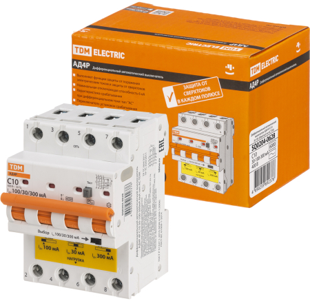 Диф.автомат АД4P 4Р С10 30-100-300мА 6кА тип АС TDM