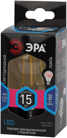 F-LED A60-15W-840-E27 ЭРА (филамент, груша, 15Вт, тепл, Е27) (10/100/1500)