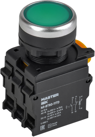 Кнопка с подсвет. и фикс. d=22мм 1NO+1NC зелёная MASTER IEK