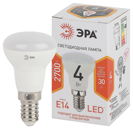 Лампа светодиодная Эра LED R39-4W-827-E14 (диод, рефлектор, 4Вт, тепл, E14)