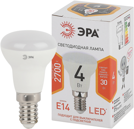 Лампа светодиодная Эра LED R39-4W-827-E14 (диод, рефлектор, 4Вт, тепл, E14)