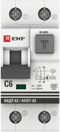 Дифференциальный автомат АВДТ-63 6А/100мА (характеристика C, эл-мех, тип А) 6кА EKF PROxima