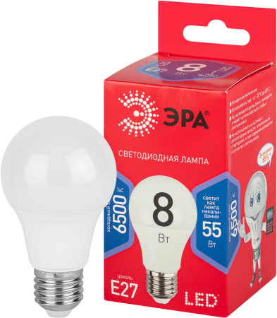 LED A60-8W-865-E27 R ЭРА (диод, груша, 8Вт, хол, E27) (10/100/1500)