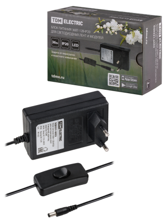 Блок питания 12-36 для светодиодной ленты DC 12В, 36Вт, с сетевым шнуром, TDM
