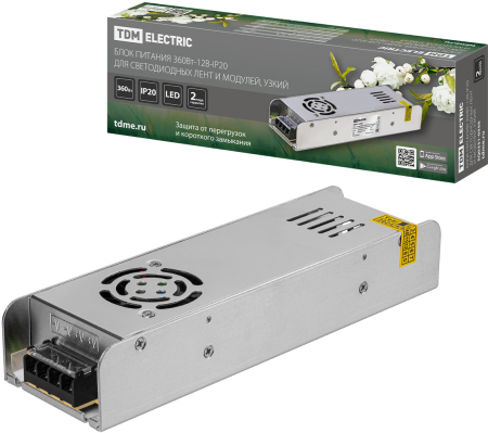 Блок питания 360Вт-12В-IP20 для светодиодных лент и модулей, металл, узкий, TDM